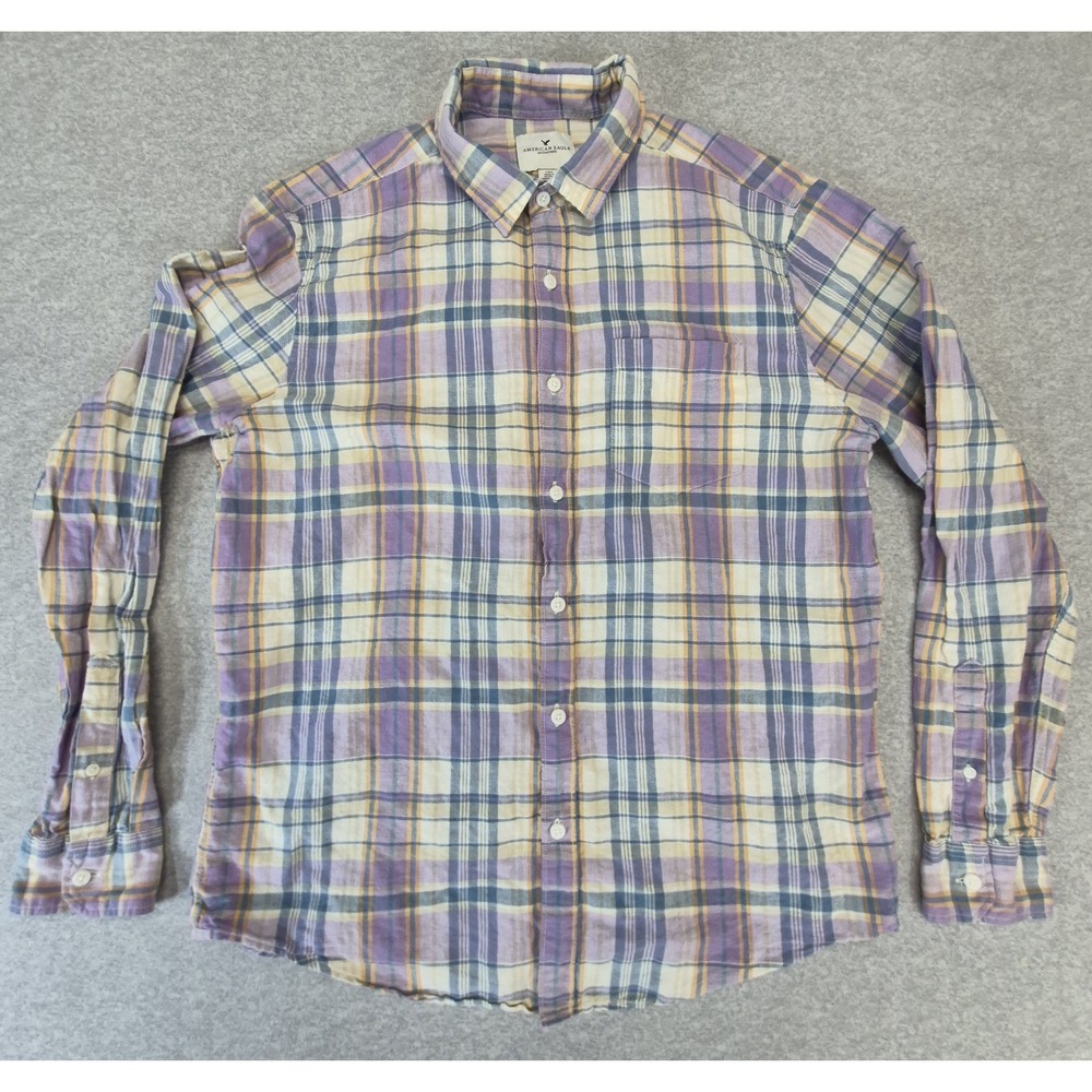 American Eagle Shirt Womens L Pink Blue Plaid Button Up Boyfriend Fit Coastal